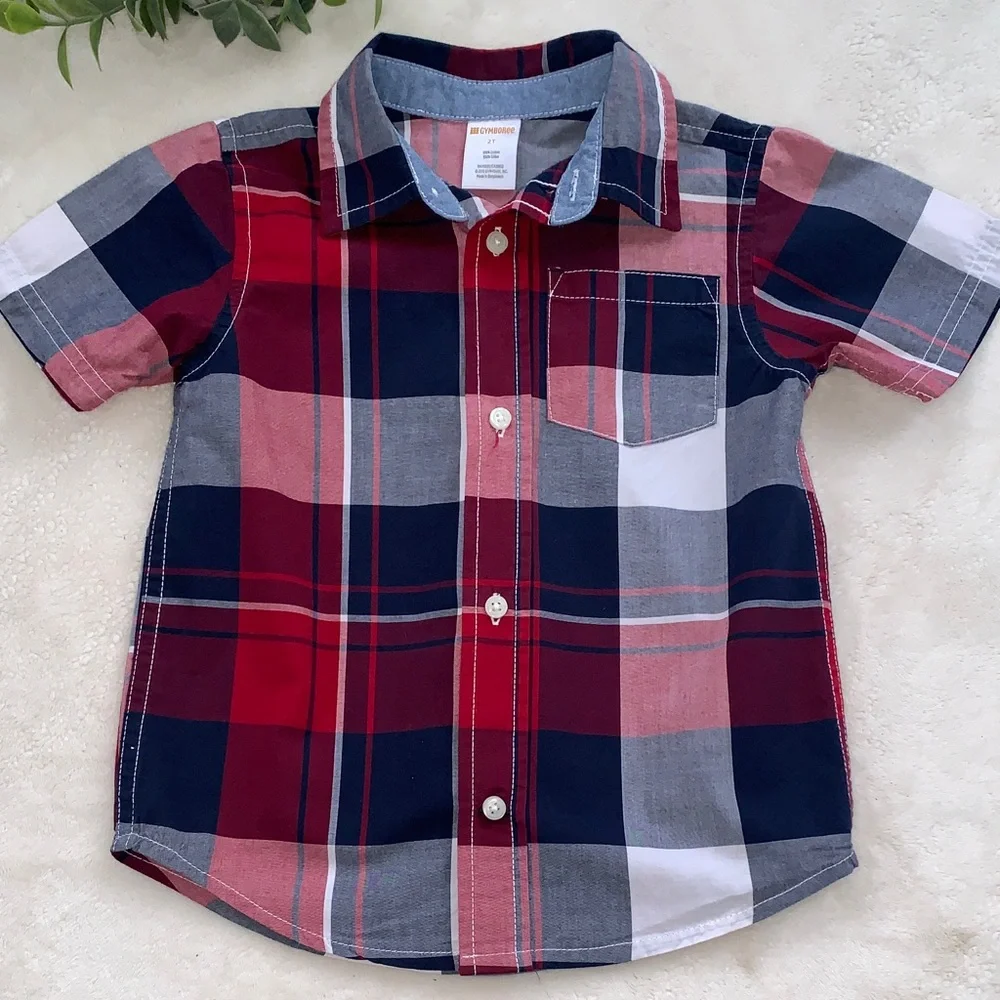 Gymboree Button Down Shirt 2T Blue Red White EUC Short Sleeves